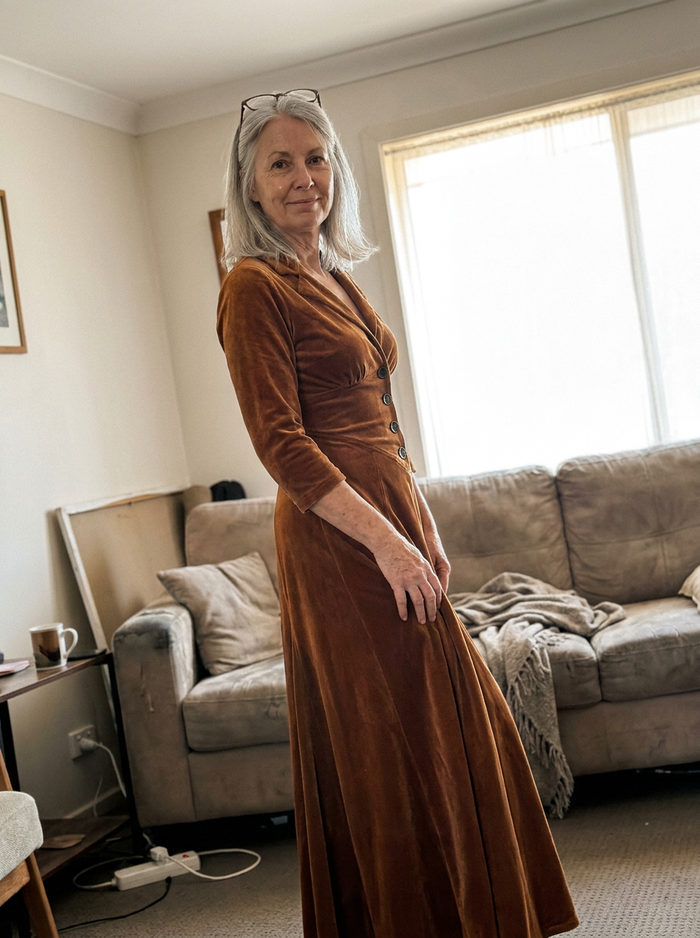 Woman wearing the Mirella velvet maxi dress at home