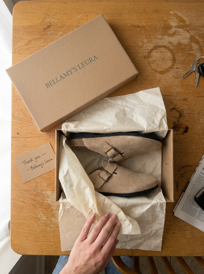 Bellamys Leura shoe box with the Katrien loafers and a thank you card