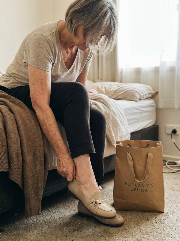 Woman putting on the Ivarynn shoes beside a Bellamys Leura shopping bag