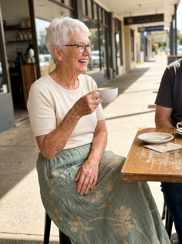 Woman wearing the Trexie floral skirt at a cafe
