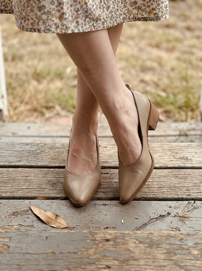 Close view of the Helen pumps on a front step