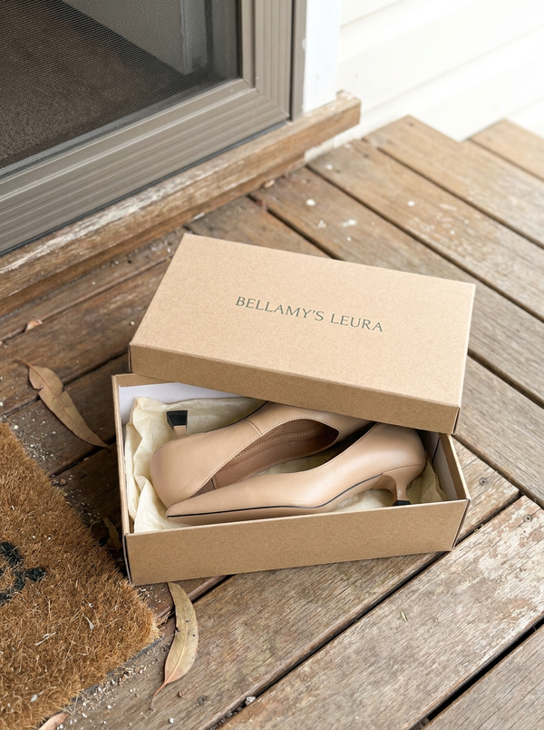 Bellamys Leura shoe box on a doorstep with the Gerda pumps inside