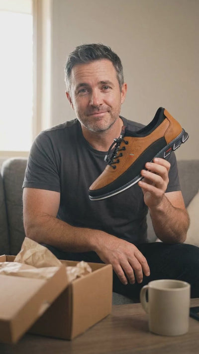 Man unboxing the Oxford barefoot shoes - customer clip